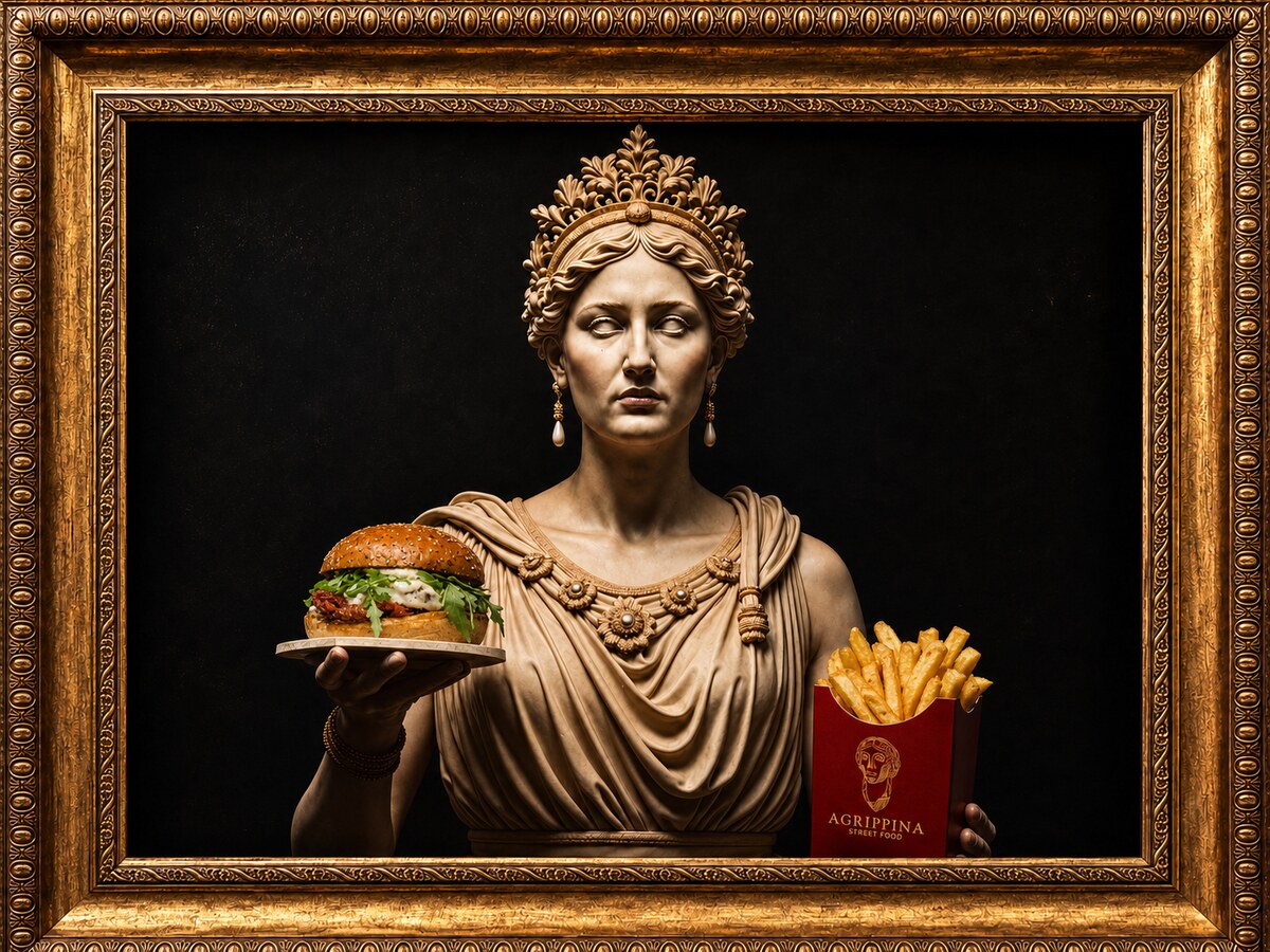 Uljem oslikana carica Agrippina sa zlatnom krunom drži cheeseburger na tanjuru i crvenu vrećicu pomfrita Agrippina Street Food, u pozlaćenom okviru
