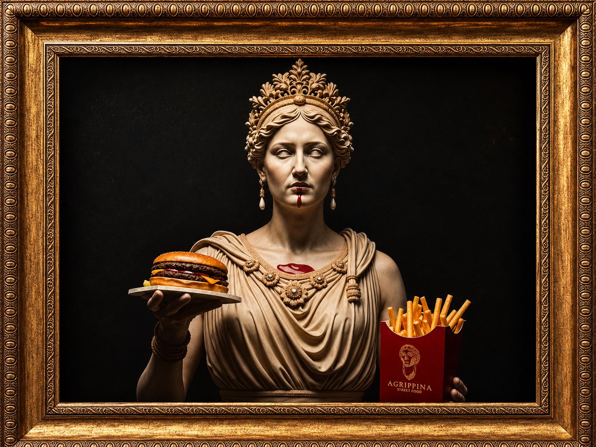 Uljem oslikana carica Agrippina sa zlatnom krunom drži cheeseburger na tanjuru i crvenu vrećicu pomfrita Agrippina Street Food, u pozlaćenom okviru